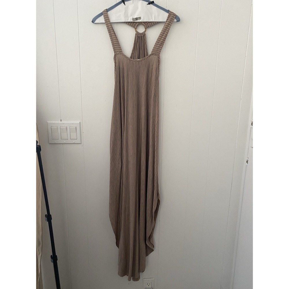 Final Touch Ribbed Knit Ring Back Maxi Dress Taupe Striped Small Made in USA